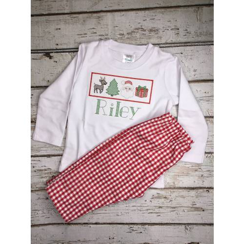 Baby Boy Christmas Outfit: Faux Smocked Santa Bodysuit & Gingham Pants