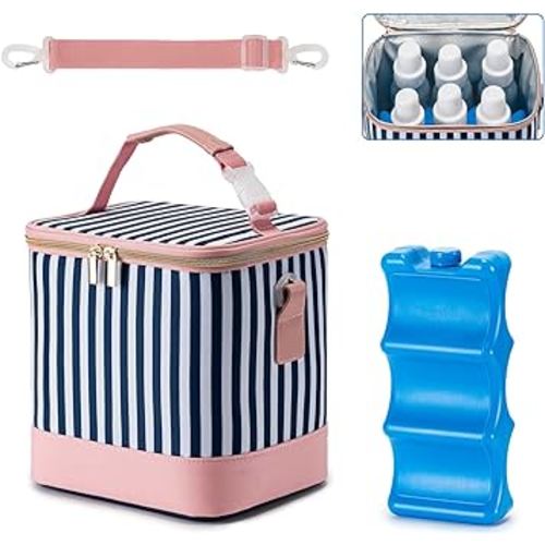 Breastmilk Cooler Bag with Ice Pack Fits 6 Baby Bottles Up to 9 Ounce, Baby Bottle Bag with Shoulder Strap for Nursing Mom Daycare, Straps