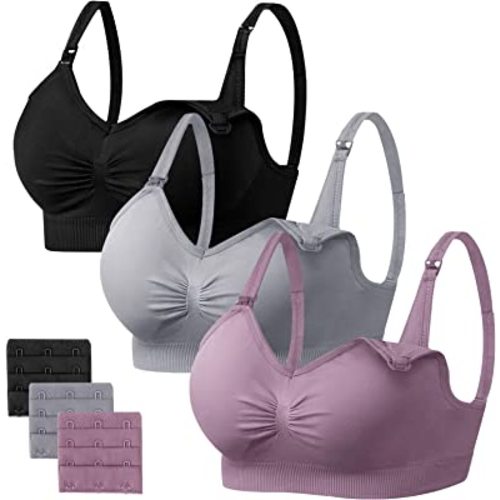 Angelhood Womens Seamless Sleep Nursing Bra,Breastfeeding Maternity Bra with Remove Bra Pads Extenders Pack of 3