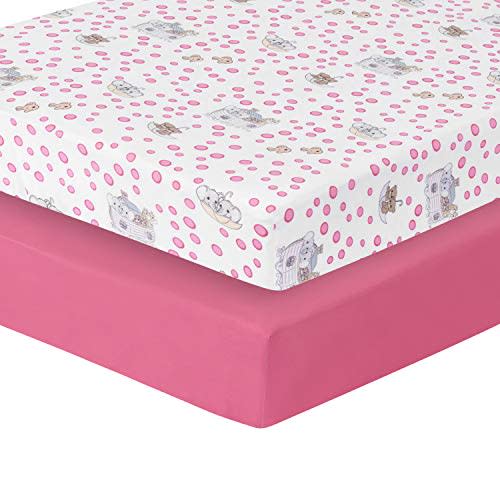 Precious Moments Noah’s Ark Fitted Crib Sheet 2 Pack for Baby Girl by Everyday Kids; 1 Animals on the Ark Printed Crib Sheet and 1 Solid Bright Pink; Adorable Wildlife Elephants, Giraffes, Bears Print