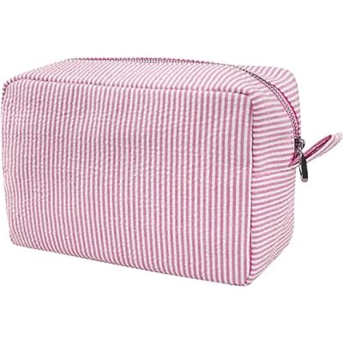 GFU Cosmetic Bag for Women, Large Makeup Bag, Travel Toiletry Stripe Cosmetic Bag, Seersucker Women Aesthetic Organizer Storage Pouch, Girls Handbags Purses (Pink)