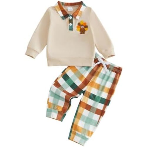 Toddler Boy Thanksgiving Outfits Turkey Sweatshirt Plaid Pants