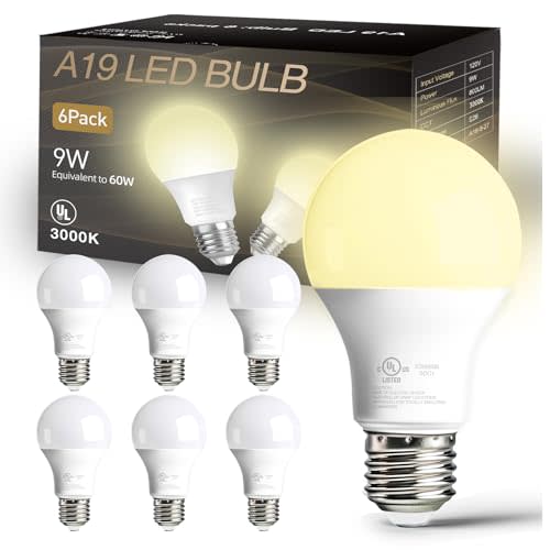 dalattin 6 Pack LED Light Bulbs A19 E26 60 Watt Equivalent Warm White 3000K Standard Lightbulb, 800 LM, Efficient 9W Energy Saving, Non-Dimmable, 80+ CRI, 120V, UL Listed, for Indoor