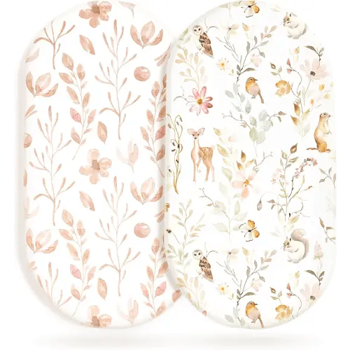 Stretchy Ultra Soft Fitted Bassinet Sheet Set 2 Pack, Universal Fit for Bassinets Baby Cradle Moses Basket Oval Rectangle Mattress Safe and Snug, Beautiful Blush Pink Floral and Cute Animals Print