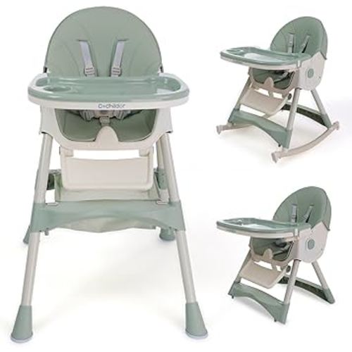 Foldable High Chair for Baby and Toddler, Convertible High Chair with 5 Point Harness, Tray, Foot Rest and Wheels, Green