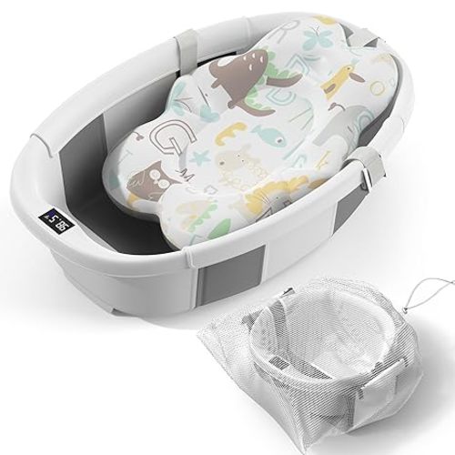 Collapsible Baby Bathtub - Large Baby Bath Tub with Thermometer & Cushion | Travel Portable Newborn Infant Bathtub | Foldable Toddler Bathtub for Baby 0 to 36 Months (Grey)