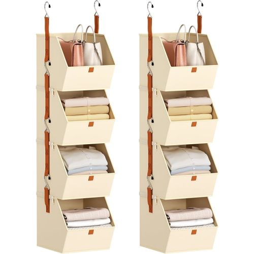 Hanging Closet Organizer 4 Tier - Clothes Hanging Shelves, Space-Saving Closet System, Fabric Storage Bins Bedroom Organization, Collapsible Baskets for Home, Dorm, Rv, Beige, 8 Pack