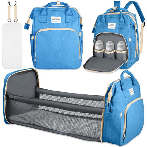 Diaper Bag Backpack,Multifunction Diaper Bag Backpack with Changing Station,Foldable Crib&Insulated Milk Bottle Pocket Large Capacity Baby Nappy Changing Bag Travel Backpack w/ Stroller Straps,Blue