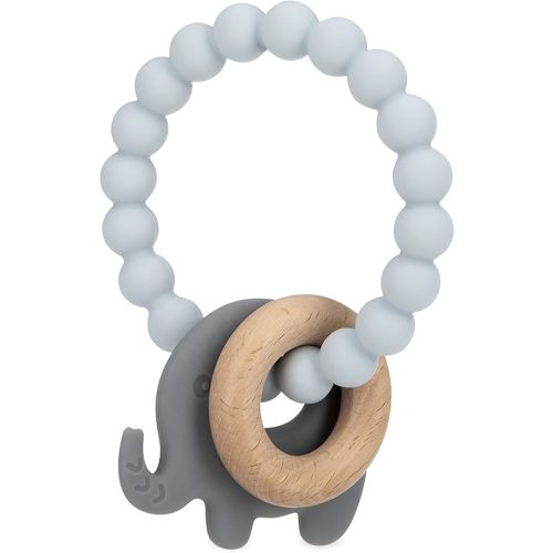 Nuby Natural Wood & Silicone Teether Ring: 3 M+, Elephant, Gray