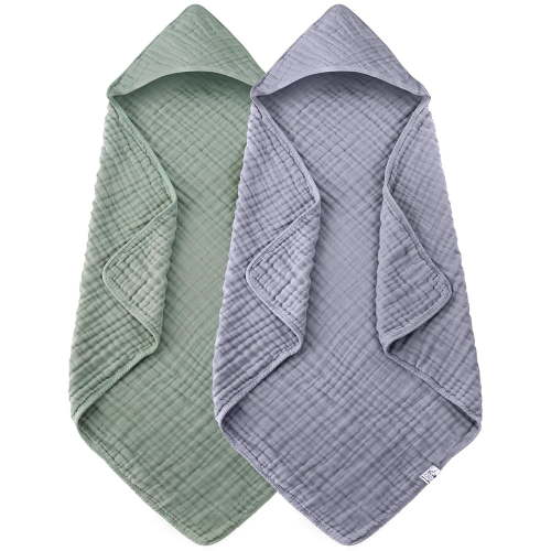 2 Pack Hooded Baby Towels - 100% Muslin Cotton for Newborns, Infants, Toddlers - Large 32x32Inch Size - Highly Absorbent and Essential for Newborn Care, Green and Grey