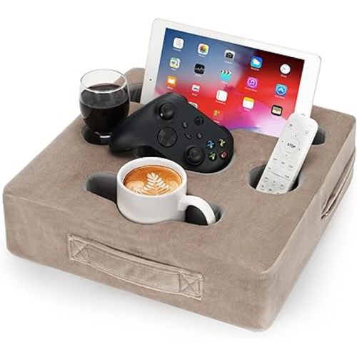 STBoo Couch Cup Holder Pillow Tray - Sofa Drink Cup Holder Cozy Buddy | Bed Caddy Organizer for Remote, Snacks Beverage, Phones, Tablet | Use it on Car, Pack, Beach, RV, Boat, Bedroom (Light Brown)