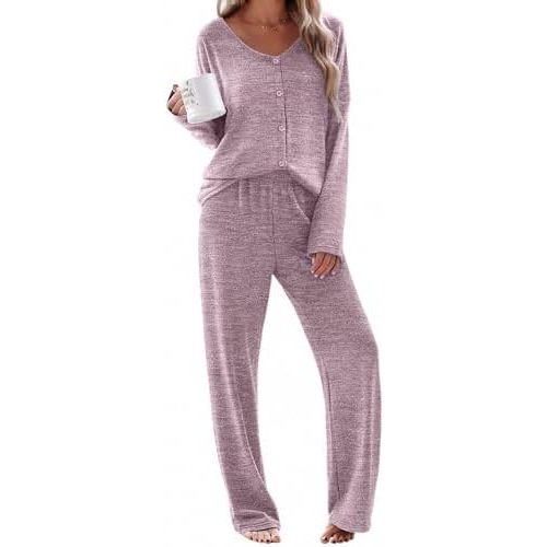 Ekouaer Womens Pajama Sets Button Up Long Sleeve Pjs Soft Lounge Set 2 Piece Sleepwear with Pockets