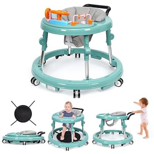 Music and Lights Baby Walker Foldable with 9 Adjustable Heights, Baby Walker with Wheels Portable, Infant Toddler Walker for Baby Boy Girls 6-18 Months