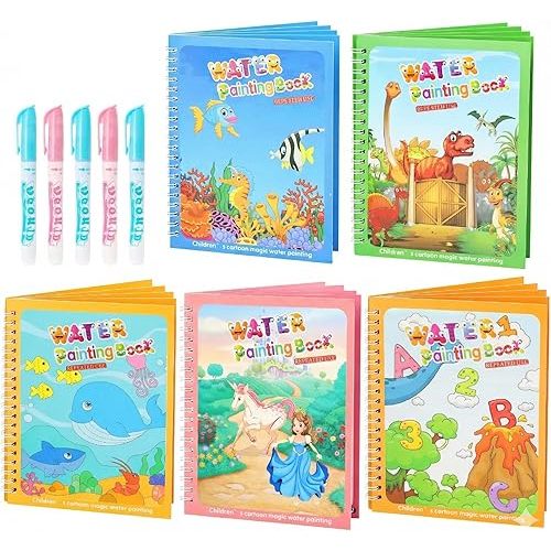 5 Pack Reusable Water Coloring Book for Toddlers, Water Doodle Book Toys, Paint with Water Books,Mess-Free Coloring Book, Portable Educational Doodle Drawing Toy,Educational Learning Kits Gifts