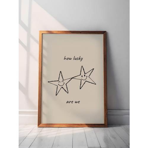 How Lucky Are We Minimalist Wall Art , Stars Art Print, Neutral Retro Star Illustration Hand Drawn Poster, Uplifting Quote Art