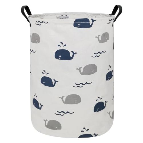 Foldable Waterproof Round Fabric Laundry Basket Home, Blue Cute Whale | Large Capacity, For Apparel Textiles, Plush Goods Storage, Whole House Tidying