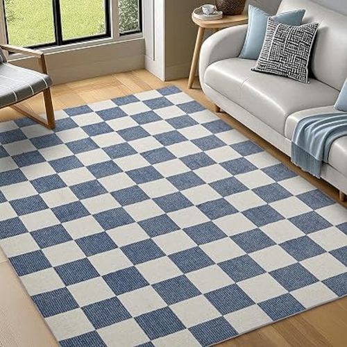 Washable Rug 5x7 Checkered Rug, Blue and White Area Rug, Boho Large Rugs for Living Room, Low Pile Lightweight Indoor Carpet with Non-Slip Backing for Bedroom Classroom Playroom Kids