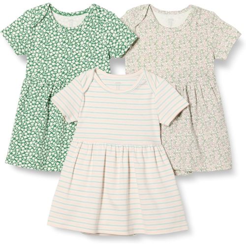 Amazon Essentials Baby Girls' Short Sleeve Bodysuit Dress, Everyday Dresses, Pack of 3, Sage Green Ditsy Floral/Stripe, 3-6 Months