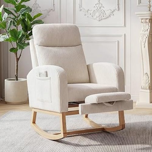 Comfortable Rocking Chair for Restaurant Seating – Corduroy Upholstery, Adjustable Footrest, Tufted Back, Side Pocket, Glider Motion – Durable Wooden Legs | Beige