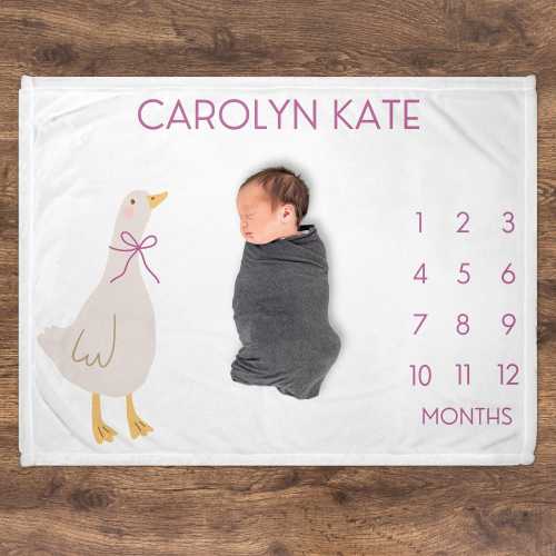 Personalized Goose Baby Girl Milestone Blanket, Custom Name