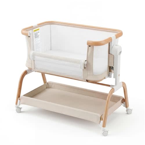 3 in 1 Baby Bassinet,Rocking Bassinets Bedside Sleeper with 6 Adjustable Heights,Breathable Full-Mesh,Comfortable Mattress & Lockable Wheels,Stable Rolling Portable Crib for Newborns(Beige) | Breathable Full-Mesh, Wood Grain Design, V-Shaped Structure
