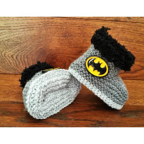 Hand Knitted Baby Booties, Boy Bat Superhero Clothes, Comic Movie Boots, Grey Slippers, Shoes, Handmade Shower Gift Newborn -12M