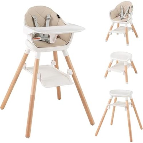 HONEY JOY Baby High Chair, 6 in 1 Convertible Wooden Highchair for Babies and Toddlers/Chair/Bar Stool, Removable Double Tray & Reversible Footrest, Safety Harness for Infant Boys Girls (Beige)
