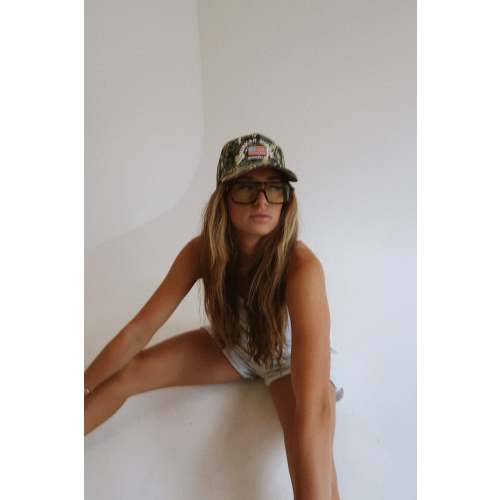 American Mother Trucker hat embroidered on camo