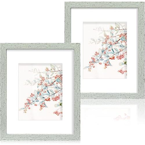 11x14 Picture Frame Set of 2, Made of Real Glass Sage Green Wooden Frame, Display 8x10 Pictures with Mat or 11 x 14 Posters without Mat for Wall Mounting, Gallery Photo Frames