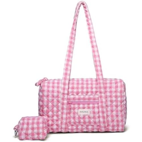 MOLLY MOON Small Gym Bag for Women, Mini Duffle Bag with Coin Purse, Fluffy Quilted Overnight Tote Bag for Dance, Travel, Cute & Compact Workout for Girls (Pink Gingham)