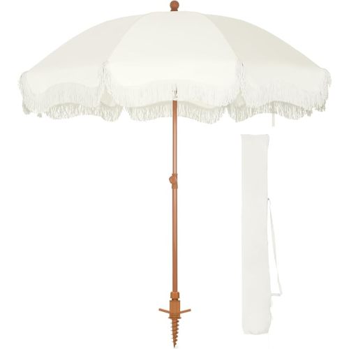 HERA'S PALACE 7ft Heavy Duty Beach Umbrella with Sand Anchor, Fringe Umbrella for Sand, UV 50+, Patio Umbrella with Tilt Pole for Garden Pool Backyard
