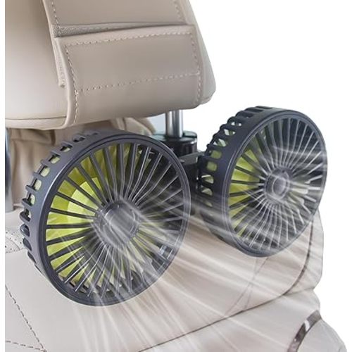 XOOL Car Fans for Backseat - Dual Head USB Cooling Car Fan for Kids, 360° Rotatable Car Rear Headrest Fan, Air Circulation Fan with Adjustable Clip for Car SUV RV Vehicles Truck