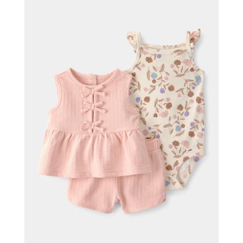 Baby Girl 3-Piece Floral Top, Bodysuit & Short Set - Pink/Cream | Carter's