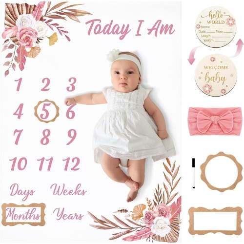 Floral Baby Milestone Blanket for Girls, Boho Baby Monthly Milestone Blanket Growth Photo Blankets with Bow Headband, Frames, Wooden Signs