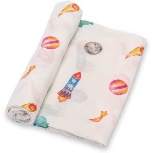 LollyBanks Swaddle Blanket, 100% Cotton Baby Blanket, Soft Muslin Swaddle Blanket 47 x 47 Inches, Neutral Baby Blanket for Boys and Girls, Baby Essentials, Registry (Space Print, Universe)