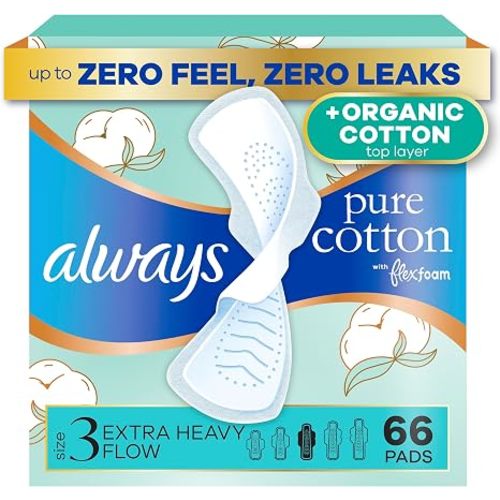 Always Pure Cotton, Organic Cotton top Layer Pads for Women with Wings, Feminine Care, Period, Menstrual, Sanitary, Postpartum, toallas sanitarias para Mujer, Size 3 Extra Heavy, Unscented, 66ct