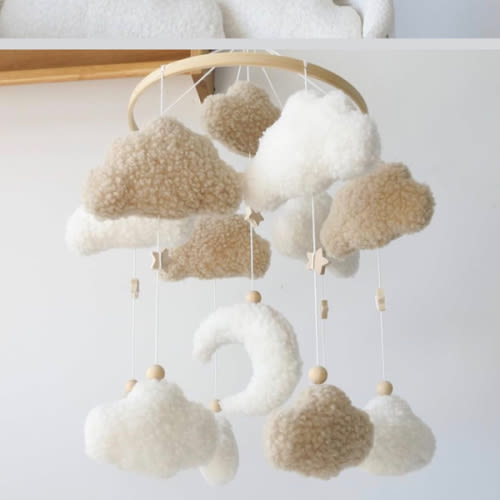 Neutral Boho Cloud Mobile for Crib with Moon Neutral Baby Crib Mobile Boho Crib Mobile Boucle Baby Mobile for Crib Bassinet