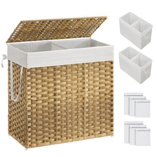 SONGMICS 130L Laundry Hamper with Lid Clothes Hamper with 2 Removable Liner Bags & 6 Mesh Bags Natural