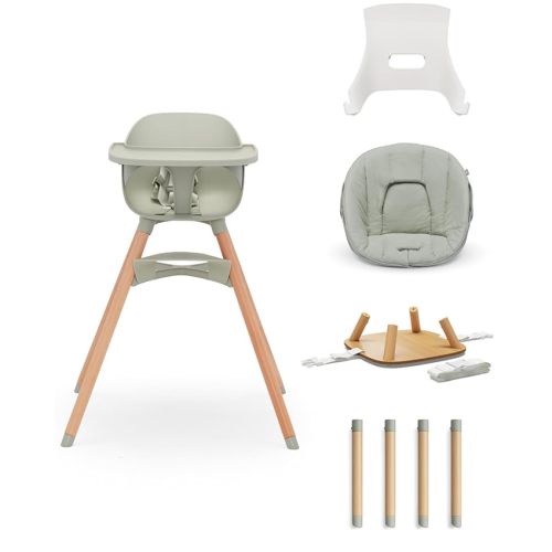 Lalo The 3-in-1 High Chair Kit - Convertible Wooden High Chair for Babies & Toddlers with Infant Support, Cushion, Booster Conversion Kit & Play Legs, Adjustable Footrest - Sage