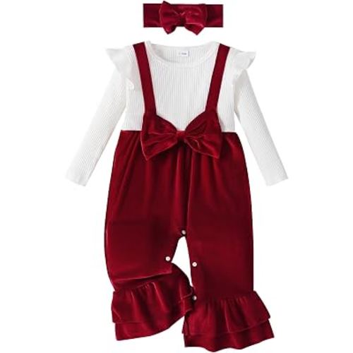 Newborn Baby Girl Clothes Long Sleeve Romper One Piece Jumpsuit Fall Outfit | Headband, Big Bow, Ribbed Knit, Floral Corduroy, Ruffle Shoulder, Flared Hem, Casual, Coming Going Home, Winter, Christmas