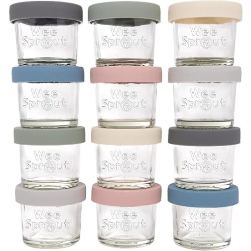WeeSprout Glass Baby Food Storage Jars with Silicone Lids (4 oz, 12 Pack Set) Snack, Puree, Reusable Small Containers, Breast Milk, Fridge or Freezer, Essential Must Have for Infants