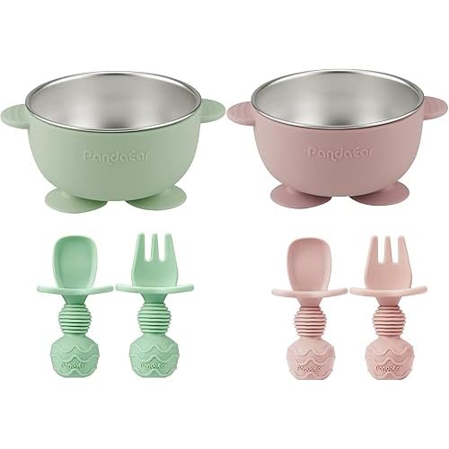 PandaEar 2 Pack Stainless Steel Baby Suction Bowls & 4 Pcs Silicone Baby Utensils Set, Non-Slip Toddler Food Bowls with Silicone Sleeve & Anti-Choke Spoon Fork Set for Babies Led Weaning
