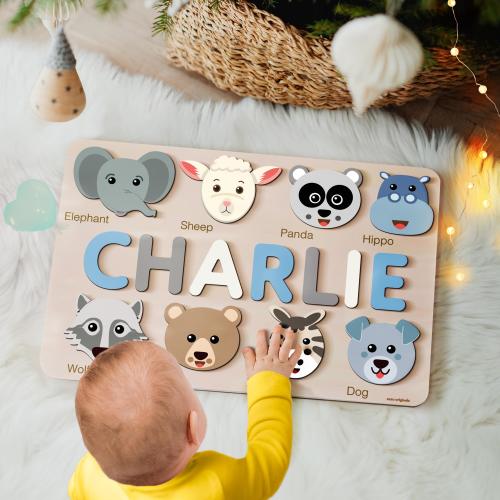 Custom Handmade Name Puzzle with Animals, Personalized Birthday Gift for Kids, Christmas Gifts for Toddlers, Unique New Baby Gift, Wood Toy