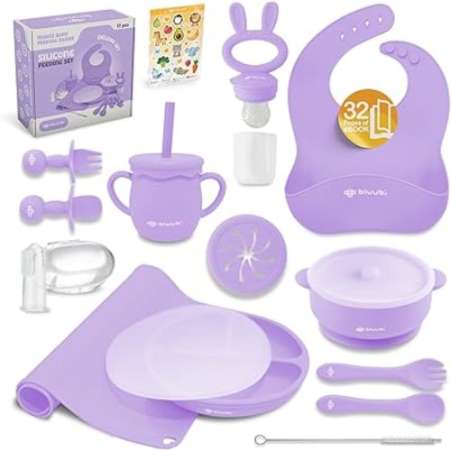 Silicone Baby Feeding Set - Infant Tableware for First Foods & Baby, Led Weaning (0+ Months), Easy to Clean, Durable, Perfect for Baby Boy or Girl, Solid Feeding - Purple - Deluxe