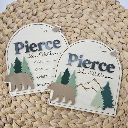 Personalized Bear & Pine Tree Baby Name Sign: Newborn Announcement Plaque