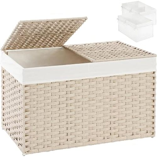 SETVSON Storage Basket with Lid 160L Wicker Baskets Storage Light Khaki