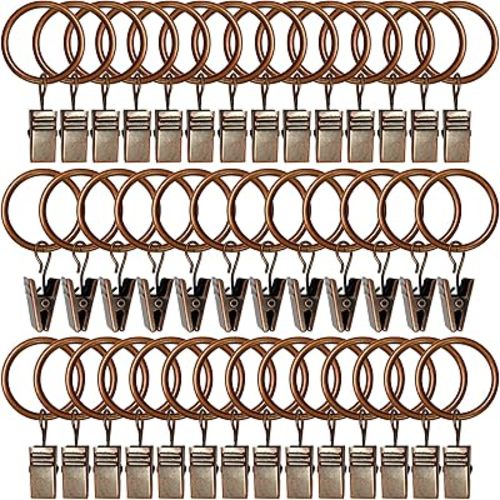 44 Pack Metal Curtain Rings with Clips, Drapery Clips with Rings, Drapes Rings 1 in I D, Fits Diameter 6/8 in Curtain Rod, Antique Copper