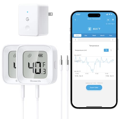 GoveeLife WiFi Refrigerator Thermometer 2-Pack with Gateway & LCD Display | Freezer alarm fridge monitor with app alerts & anti-false, 197ft range, 2-yr data export. For freezer/fish tank/hot tub