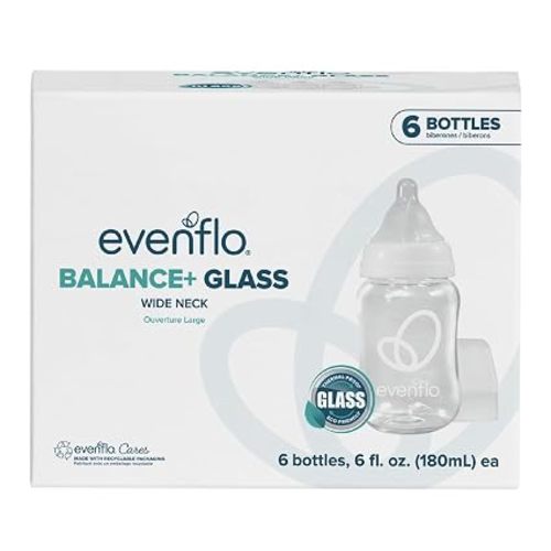 Evenflo Balance+ Glass Wide Neck Baby Bottles, Clear, 6 fl oz, 6 Pack