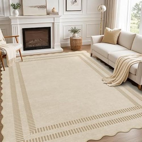 8x10 Area Rugs, Scalloped Grey Modern Living Room Rug, Solid Khaki Machine Washable Rug Non-Slip, Soft Lightweight Carpet for Bedroom Playroom Dining Room